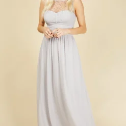 Little Mistress Grace Ice Grey Embellishment Sweetheart Maxi Dress