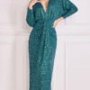 Goddiva Dual Tone Patterned Sequin Plunge Neck Maxi Dress