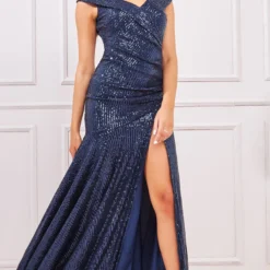 Goddiva Bardot Sequin Pleated Maxi Dress