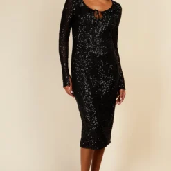 Little Mistress Black Sequin Scoop Neck Midi Dress