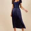 Little Mistress Jackson Navy Gold Foil Satin Pleated Belted Midaxi Dress