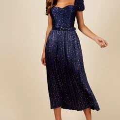 Little Mistress Jackson Navy Gold Foil Satin Pleated Belted Midaxi Dress