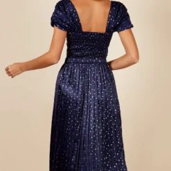 Little Mistress Jackson Navy Gold Foil Satin Pleated Belted Midaxi Dress -Starlit Dress Sales D18891R9E 4