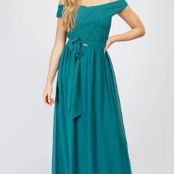 Little Mistress Green Crossover Bardot Maxi Dress