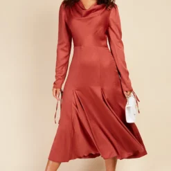 Little Mistress Rust Satin Cowl Neck Midaxi Dress