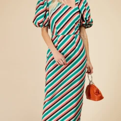 Little Mistress Stripe Asymmetric Neck Midaxi Bodycon Dress