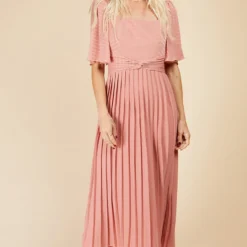 Little Mistress Coral Pink Check And Pleated Hem Midaxi Dress