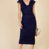 Little Mistress Navy Ruched Midi Dress