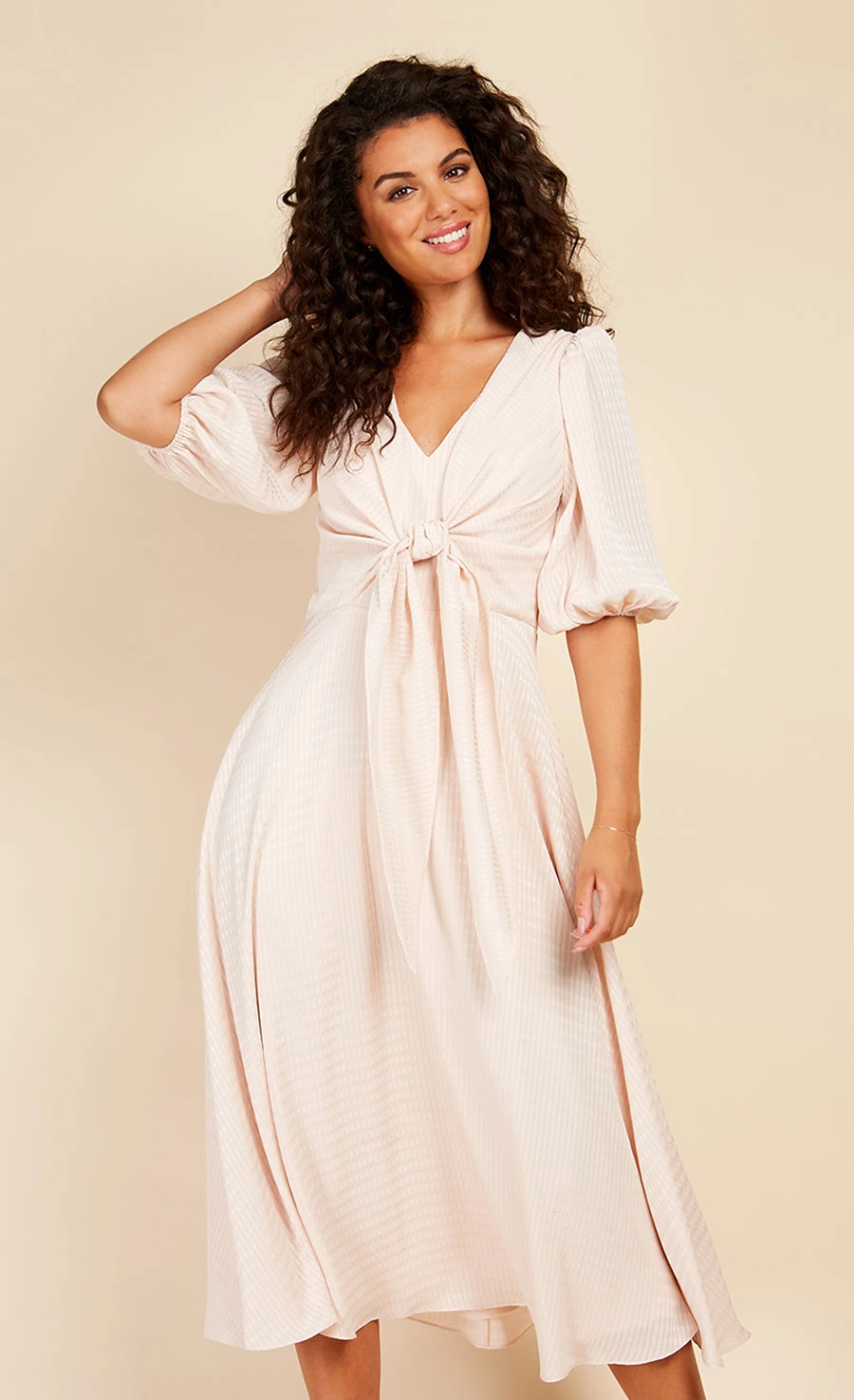 Little Mistress Ecru Check Tie Detail Midaxi Dress 2 Little Mistress Ecru Check Tie Detail Midaxi Dress - Image 2