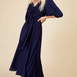 Little Mistress Navy Check Tie Detail Midaxi Dress