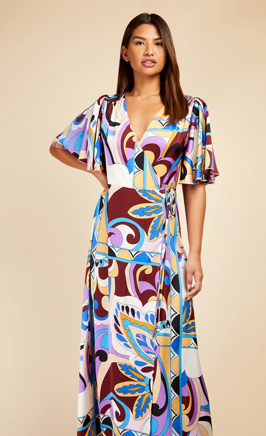 Little Mistress Retro Print Satin Wrap Maxi Dress By Vogue Williams 4 Little Mistress Retro Print Satin Wrap Maxi Dress By Vogue Williams - Image 4
