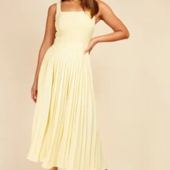 Little Mistress Butter Yellow Waffle Texture Pleated Midaxi Dress