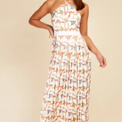 Little Mistress Leaf Print Pleated Midaxi Dress