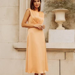 Little Mistress Orange Satin Tie Neck Midaxi Dress
