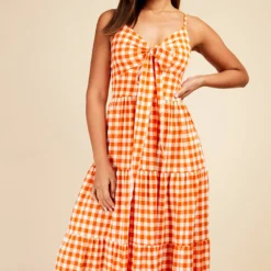 Little Mistress Orange Gingham Tie Front Maxi Dress -Starlit Dress Sales D33749D1A 2