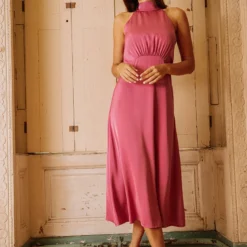 Little Mistress Pink Satin Halter Tie Midaxi Dress -Starlit Dress Sales D33750R1A