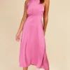 Little Mistress Pink Satin Halter Tie Midaxi Dress
