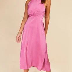 Little Mistress Pink Satin Halter Tie Midaxi Dress