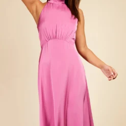 Little Mistress Pink Satin Halter Tie Midaxi Dress -Starlit Dress Sales D33750R1A 2