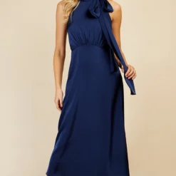 Little Mistress Navy Satin Halter Tie Midaxi Dress