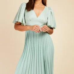 Little Mistress Sage Gold Foil Spot Pleated Midaxi Dress -Starlit Dress Sales D33753R1A 2