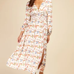 Little Mistress Leaf Print Blouson Sleeve Midaxi Dress
