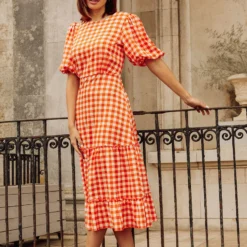 Little Mistress Orange Gingham Tiered Midaxi Dress