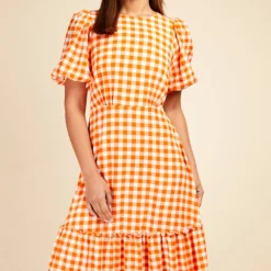 Little Mistress Orange Gingham Tiered Midaxi Dress -Starlit Dress Sales D33756R1A 2