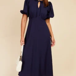 Little Mistress Navy Textured Puff Sleeve Midaxi Dress