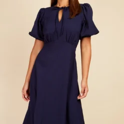 Little Mistress Navy Textured Puff Sleeve Midaxi Dress -Starlit Dress Sales D33757R1A 2