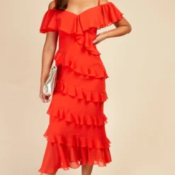 Little Mistress Tomato Red Frill Cold Shoulder Midaxi Dress -Starlit Dress Sales D33784R1A 1