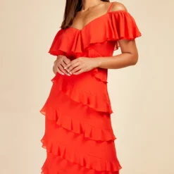 Little Mistress Tomato Red Frill Cold Shoulder Midaxi Dress -Starlit Dress Sales D33784R1A 2