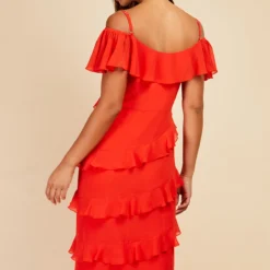 Little Mistress Tomato Red Frill Cold Shoulder Midaxi Dress -Starlit Dress Sales D33784R1A 4