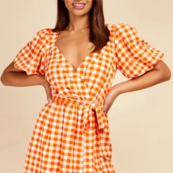 Little Mistress Orange Gingham Puff Sleeve Mini Wrap Dress