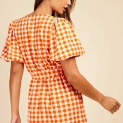 Little Mistress Orange Gingham Puff Sleeve Mini Wrap Dress -Starlit Dress Sales D33797B1A 4