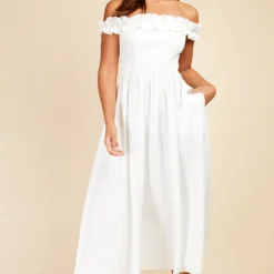 Little Mistress White Waffle Texture Bardot Midi Dress