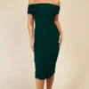 Little Mistress Hoxton Emerald Green Bardot Ruched Bodycon Midi Dress