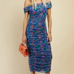 Little Mistress Blue Floral Print Ruched Bardot Midi Dress