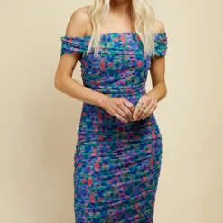 Little Mistress Blue Floral Print Ruched Bardot Midi Dress -Starlit Dress Sales D33894C7B 2