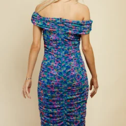 Little Mistress Blue Floral Print Ruched Bardot Midi Dress -Starlit Dress Sales D33894C7B 4
