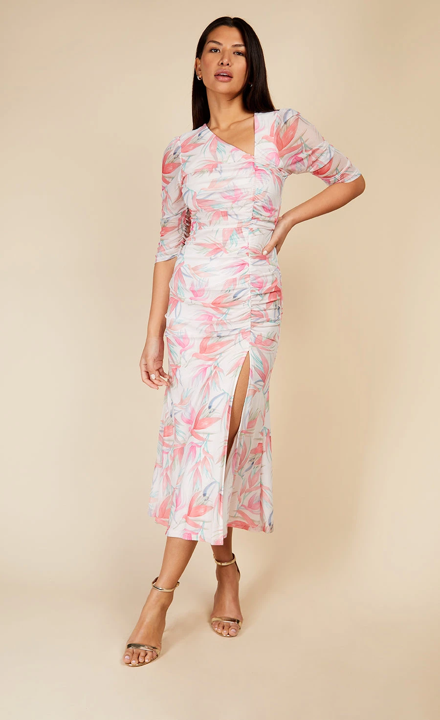 Little Mistress Floral Print Asymmetric Ruched Midi Dress 2 Little Mistress Floral Print Asymmetric Ruched Midi Dress - Image 2