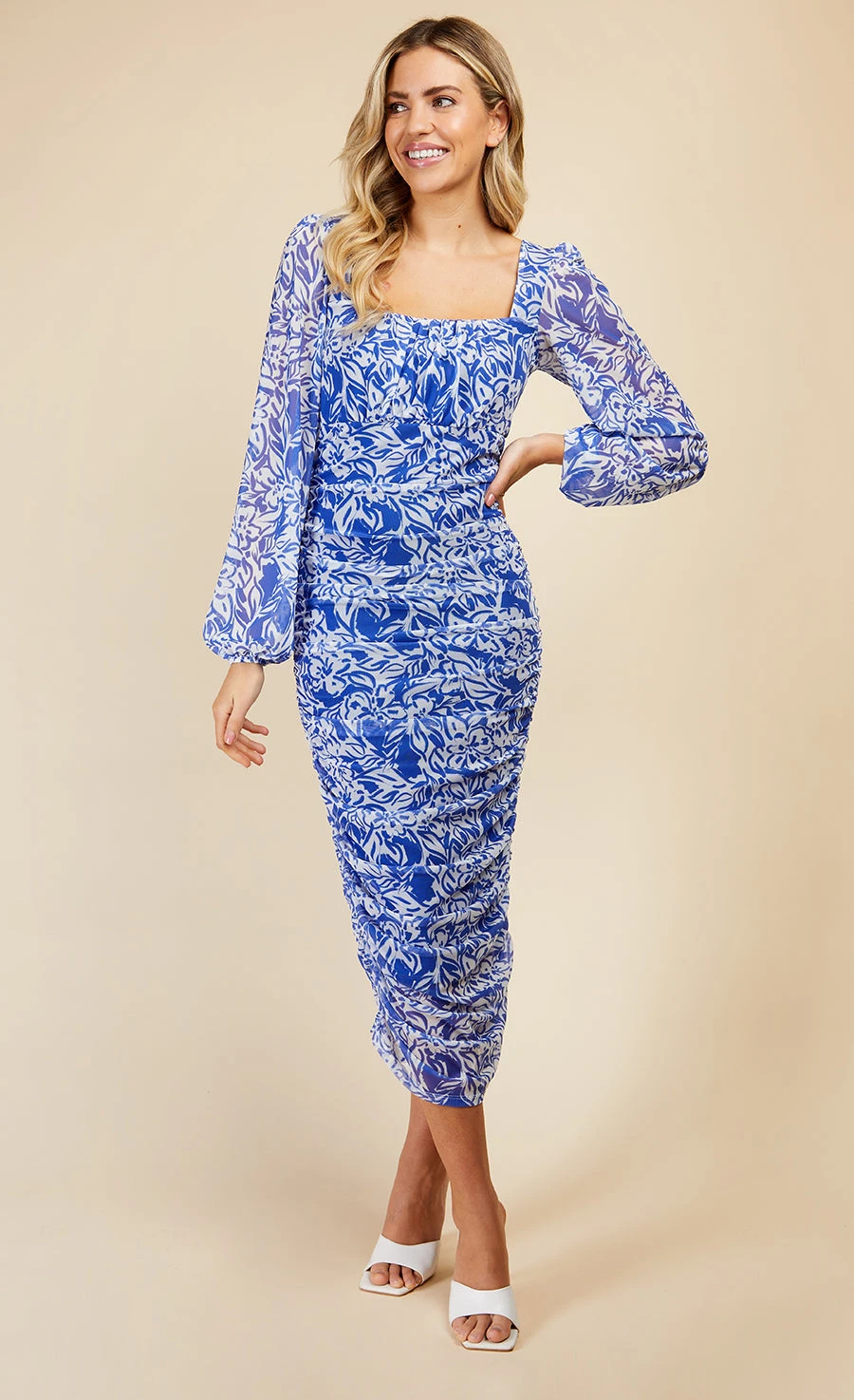 Little Mistress Blue Floral Print Ruched Midi Bodycon Dress 1 Little Mistress Blue Floral Print Ruched Midi Bodycon Dress