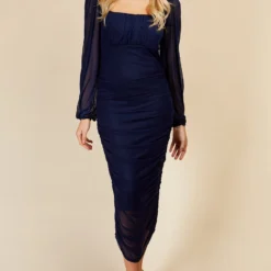 Little Mistress Navy Ruched Midi Bodycon Dress