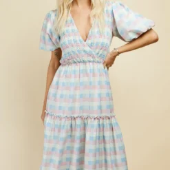 Little Mistress Pastel Check Puff Sleeve Midi Dress -Starlit Dress Sales D34007R1A 2