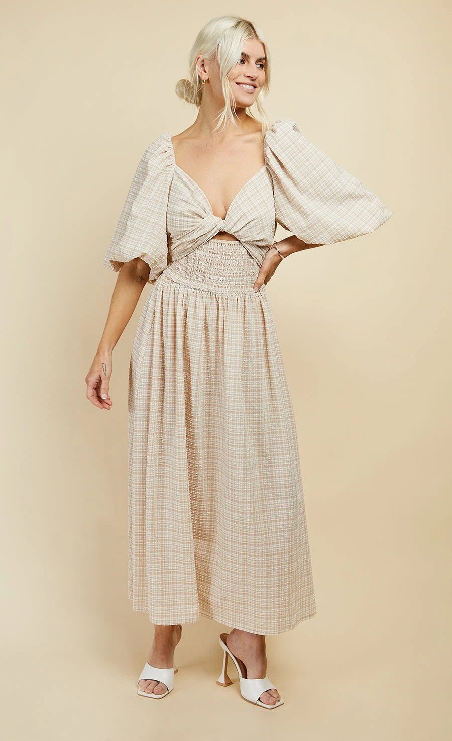 Little Mistress Beige Check Multiway Midi Dress 3 Little Mistress Beige Check Multiway Midi Dress - Image 3