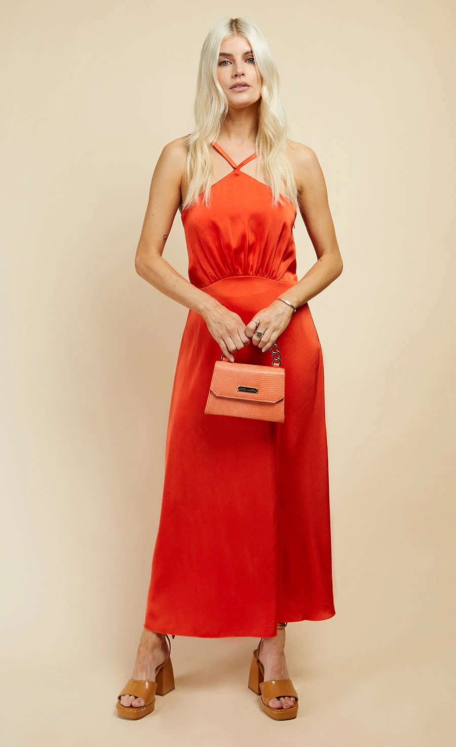 Little Mistress Orange Satin Midi Dress 1 Little Mistress Orange Satin Midi Dress