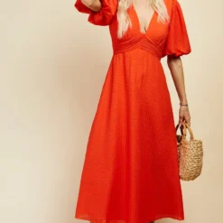 Little Mistress Orange Textured Puff Sleeve Midi Dress