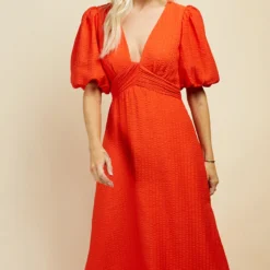 Little Mistress Orange Textured Puff Sleeve Midi Dress -Starlit Dress Sales D34018R1A 2
