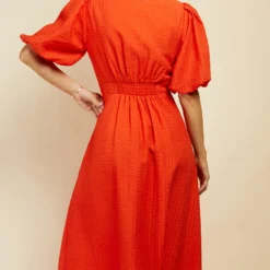 Little Mistress Orange Textured Puff Sleeve Midi Dress -Starlit Dress Sales D34018R1A 4