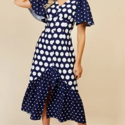 Little Mistress Navy Spot Mix Midi Dress